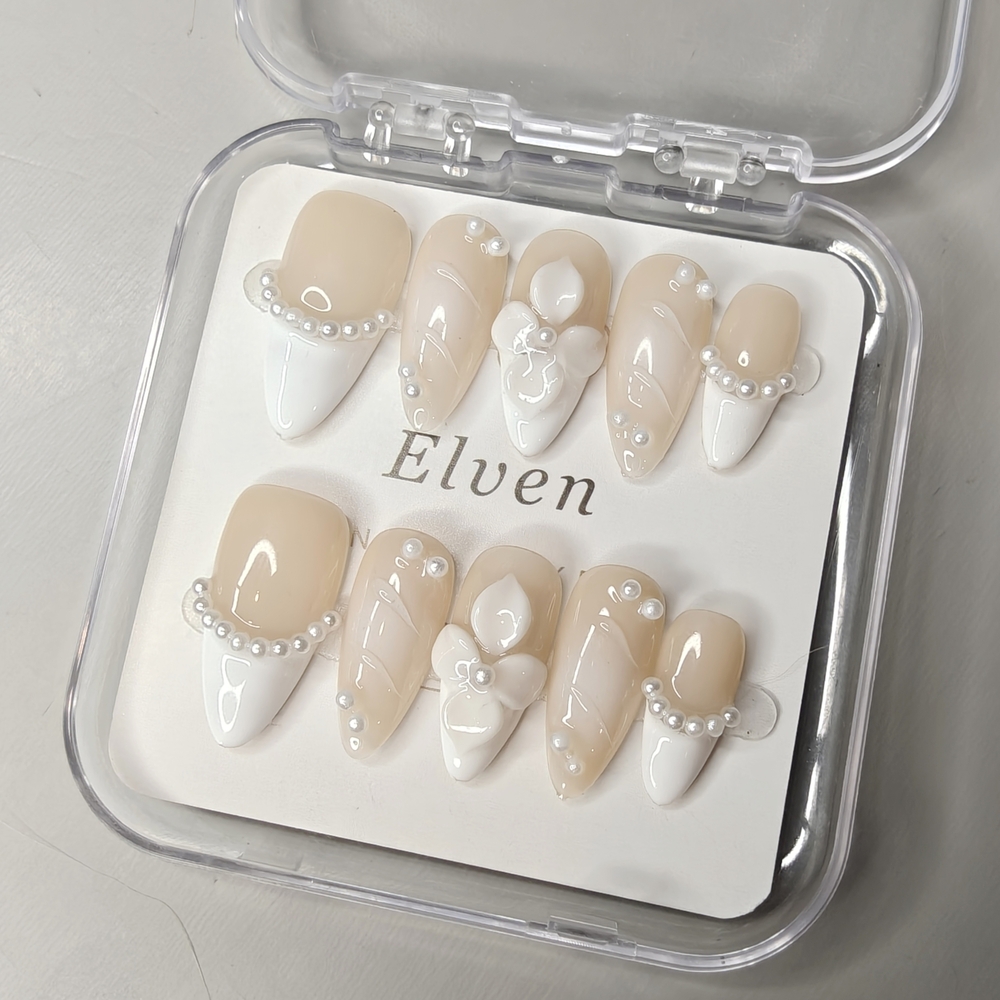Nude and White French Tips Almond Shape Handmade Press-On Nails - Picture 6 of 10